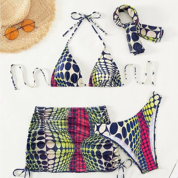 Polka Dot Multicolor Bikini w/ Matching Headwrap Size Large - Picture 1 of 1